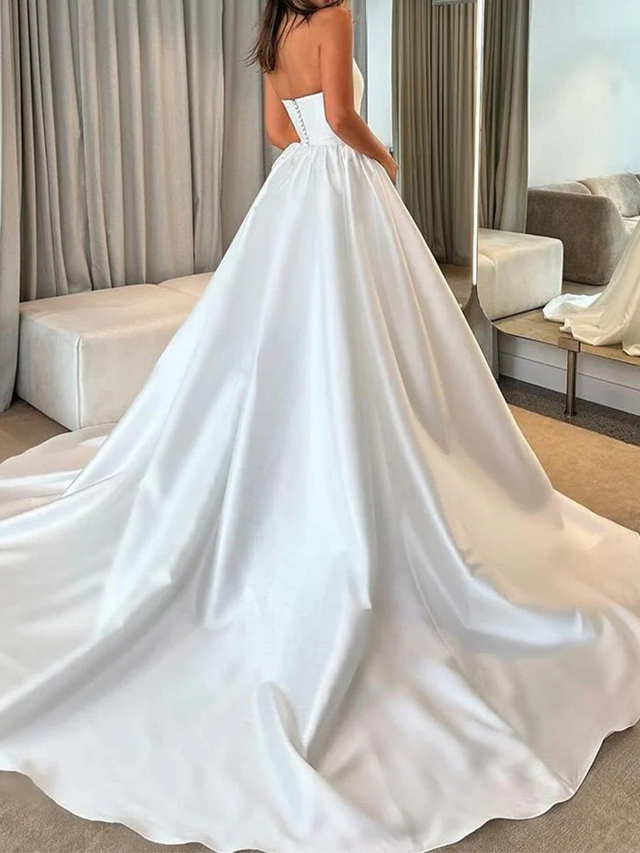 A-line Straight Chapel Train Satin Corset Wedding Dress