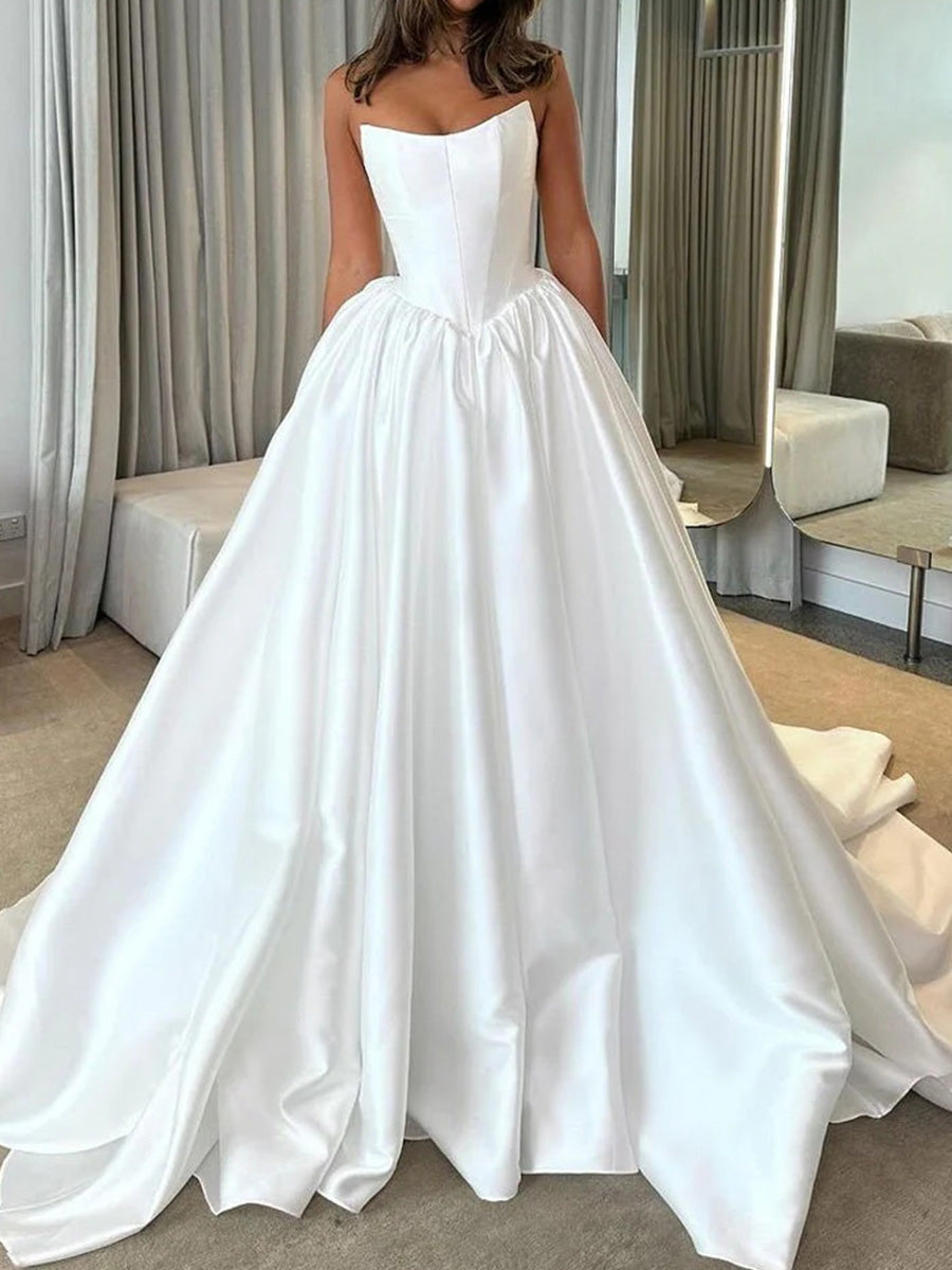 A-line Straight Chapel Train Satin Corset Wedding Dress