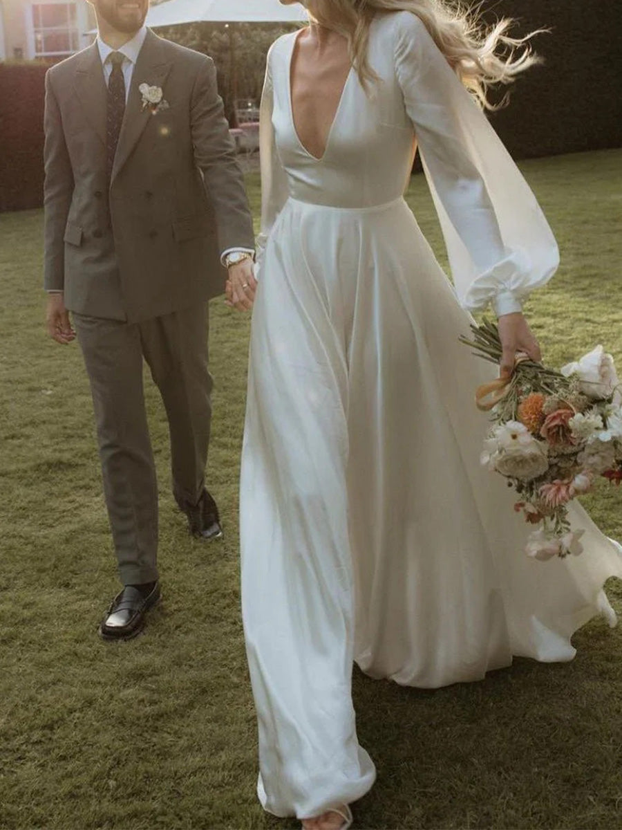 A-line V-neck Long Sleeves Court Train 30D Chiffon Wedding Dress