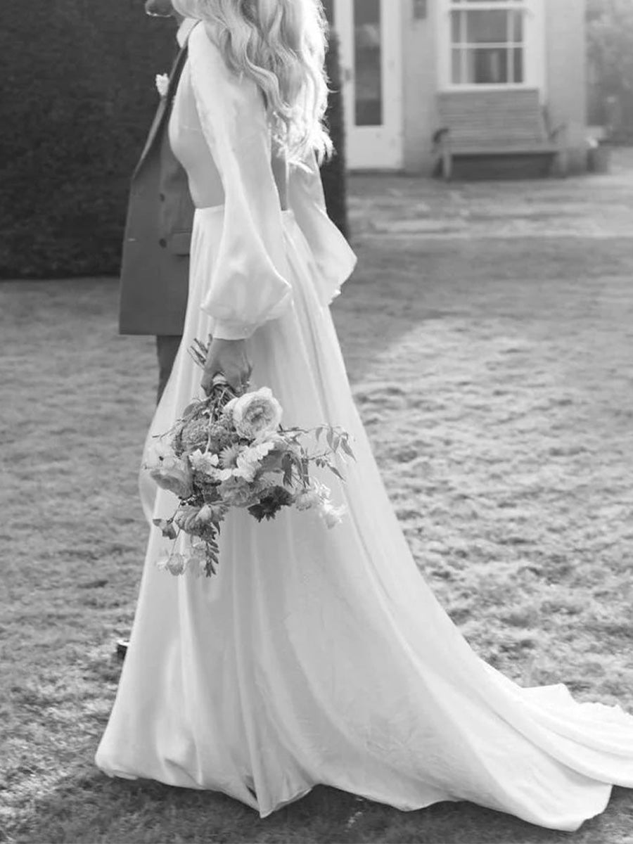 A-line V-neck Long Sleeves Court Train 30D Chiffon Wedding Dress