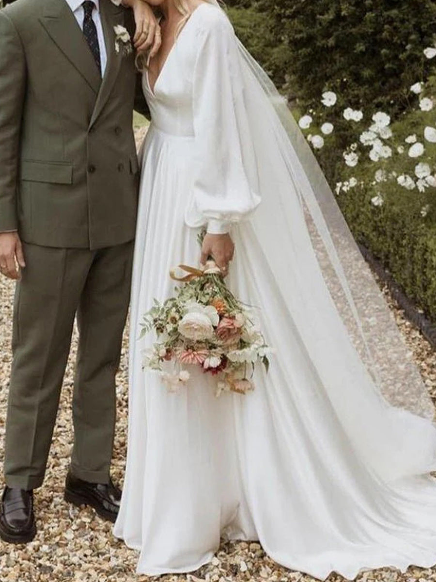 A-line V-neck Long Sleeves Court Train 30D Chiffon Wedding Dress