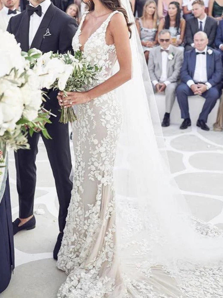 Sheath V-neck Appliques Lace Cathedral Train Lace Corset Wedding Dress