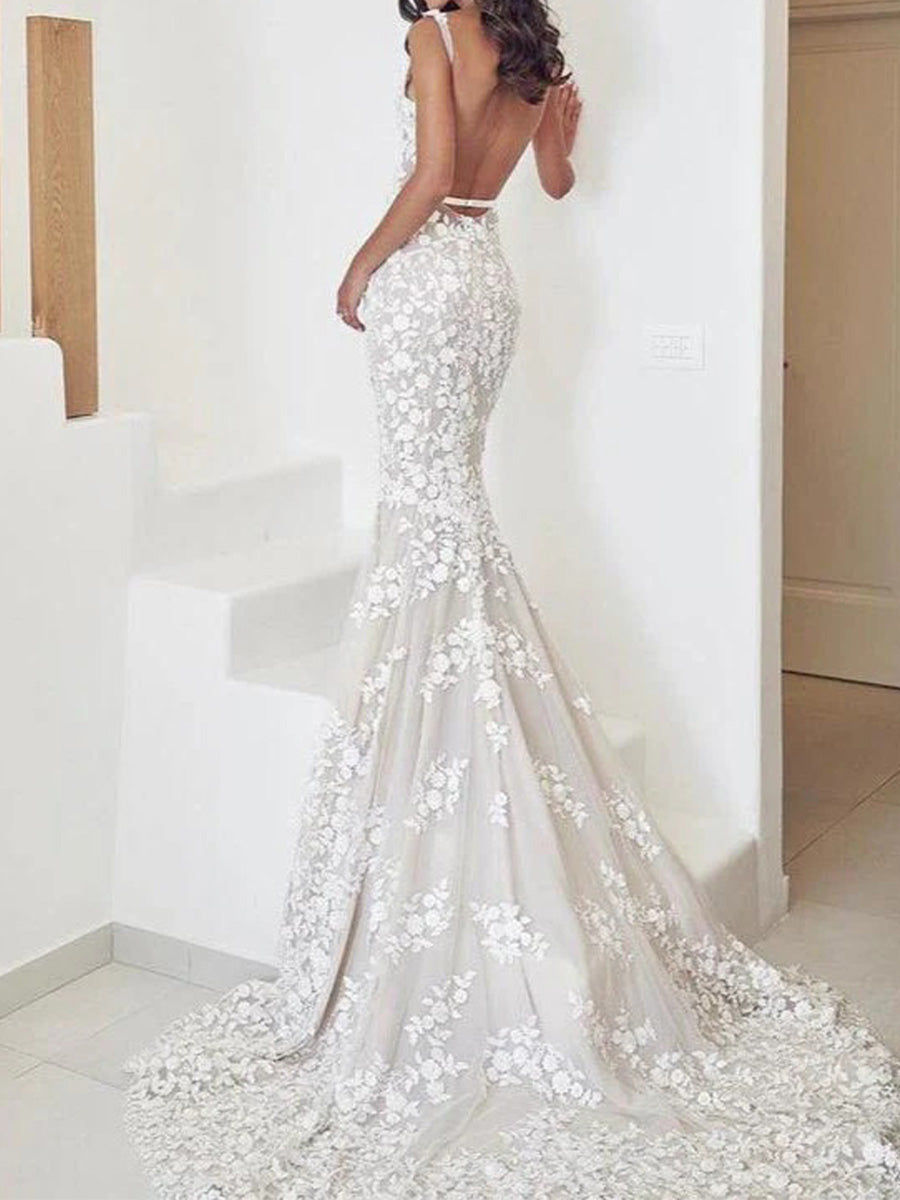 Sheath V-neck Appliques Lace Cathedral Train Lace Corset Wedding Dress