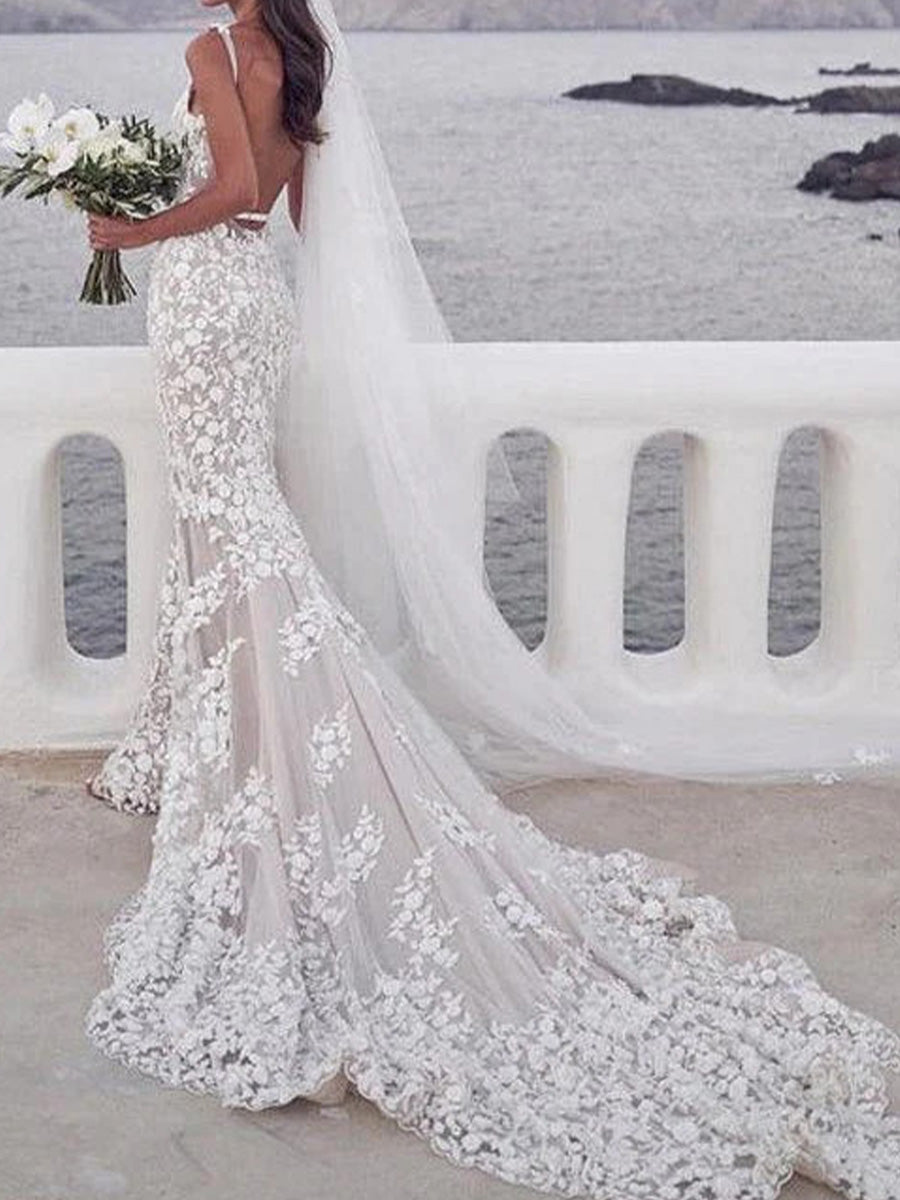 Sheath V-neck Appliques Lace Cathedral Train Lace Corset Wedding Dress