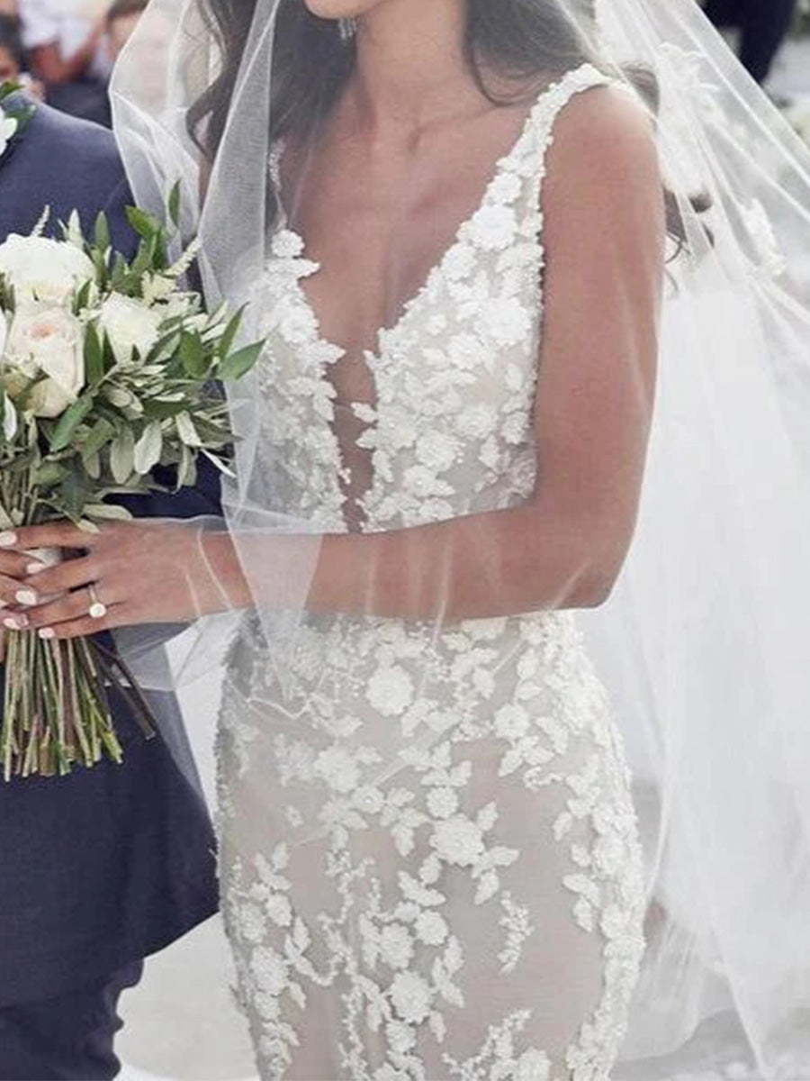 Sheath V-neck Appliques Lace Cathedral Train Lace Corset Wedding Dress