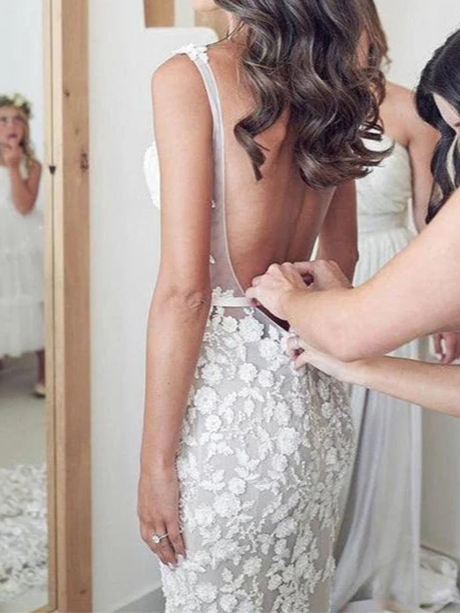 Sheath V-neck Appliques Lace Cathedral Train Lace Corset Wedding Dress