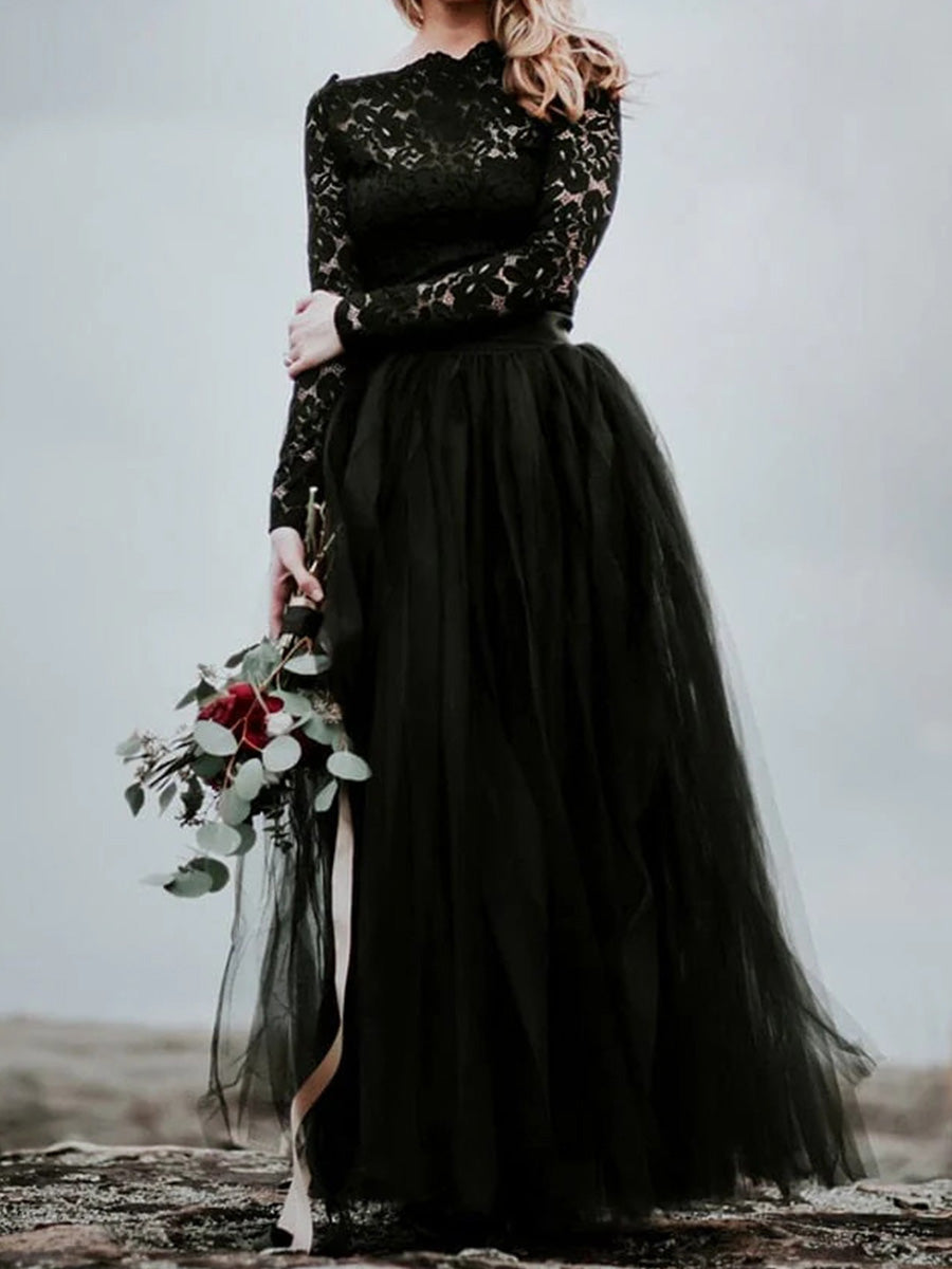 A-line Scoop Long Sleeves Appliques Lace Floor-Length Tulle Corset Wedding Dress