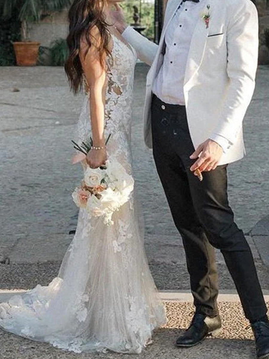 Sheath V-neck Appliques Lace Sweep Train Tulle Corset Wedding Dress