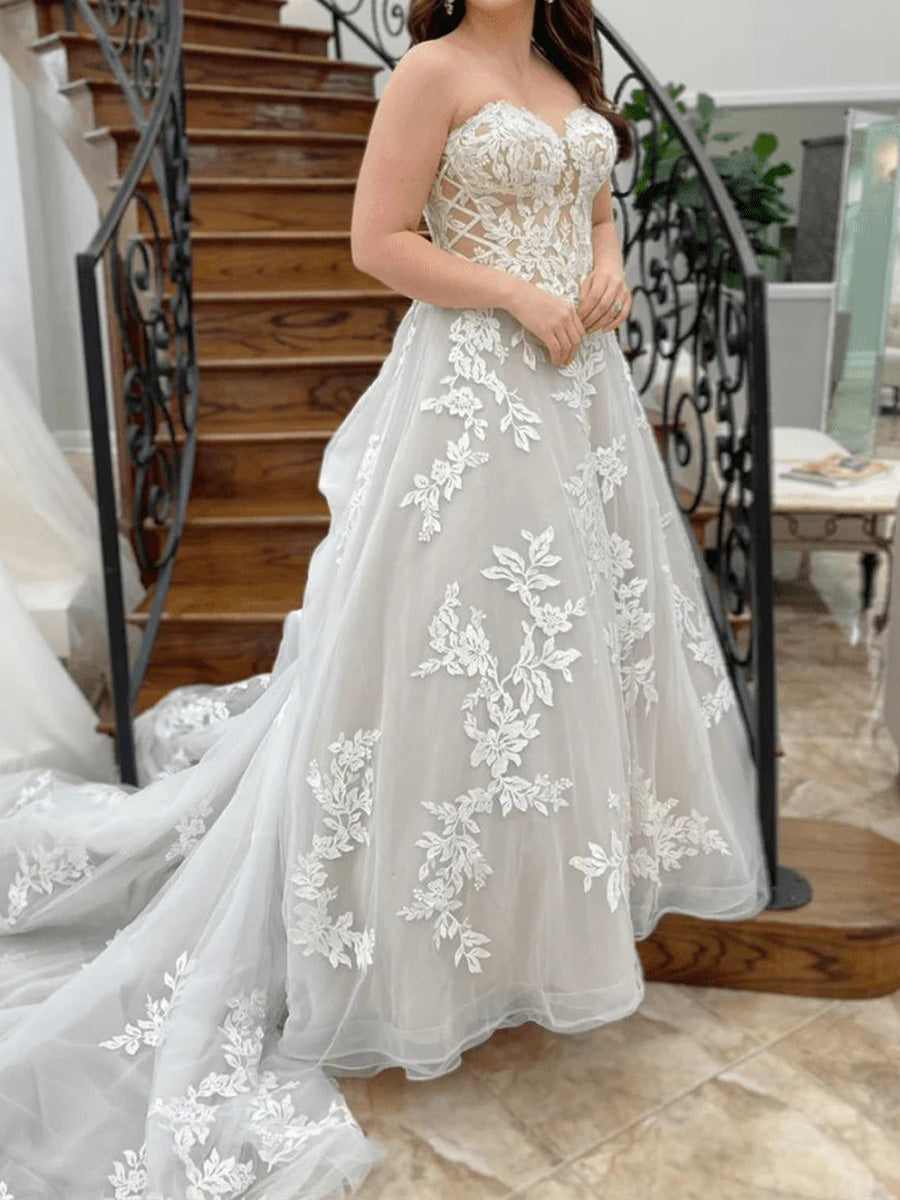 A-line Sweetheart Appliques Lace Chapel Train Tulle Corset Wedding Dress