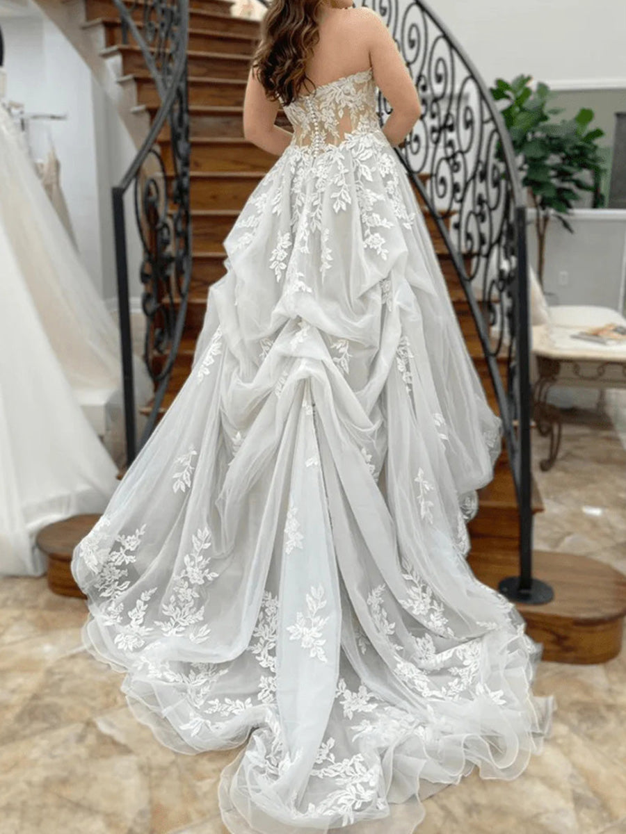 A-line Sweetheart Appliques Lace Chapel Train Tulle Corset Wedding Dress