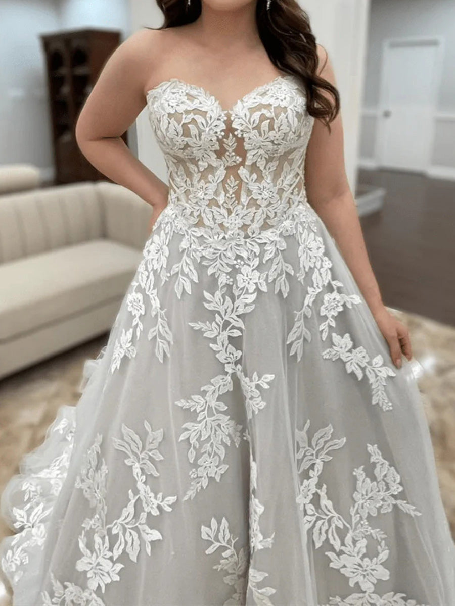 A-line Sweetheart Appliques Lace Chapel Train Tulle Corset Wedding Dress