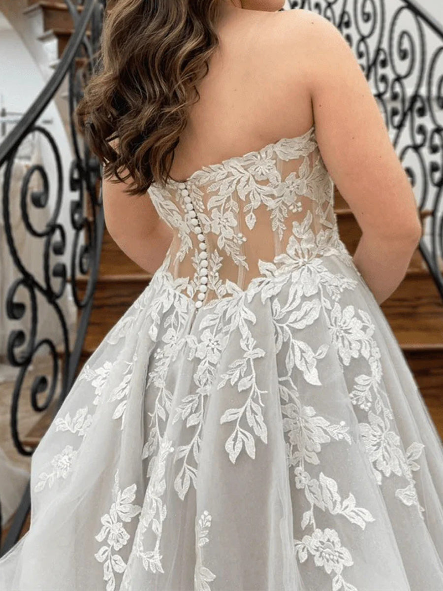 A-line Sweetheart Appliques Lace Chapel Train Tulle Corset Wedding Dress
