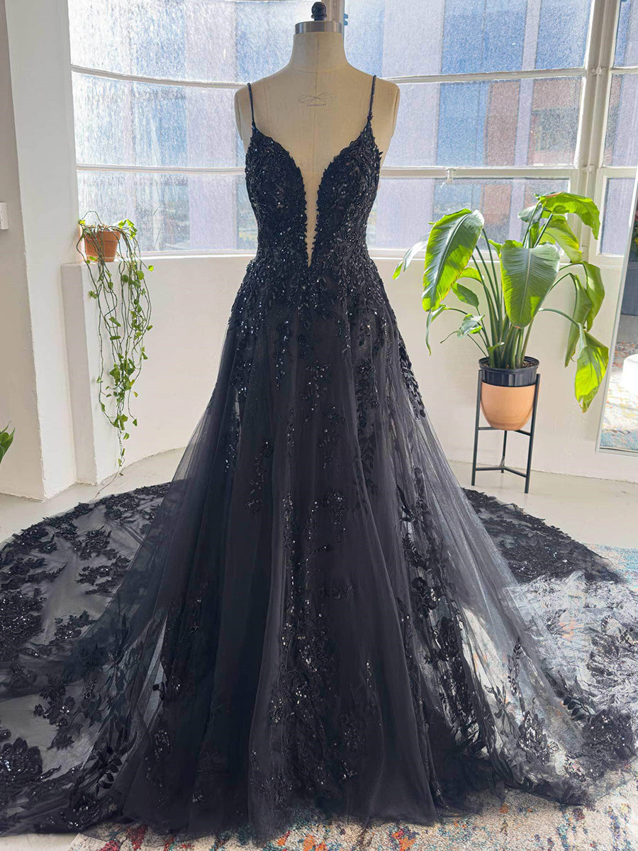 A-line V-neck Appliques Lace Cathedral Train Tulle Corset Wedding Dress
