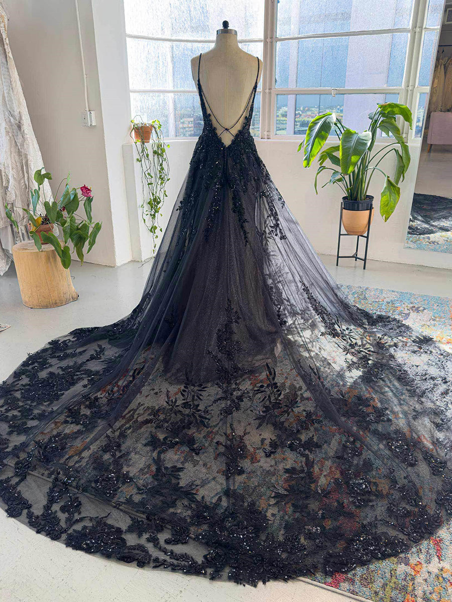 A-line V-neck Appliques Lace Cathedral Train Tulle Corset Wedding Dress