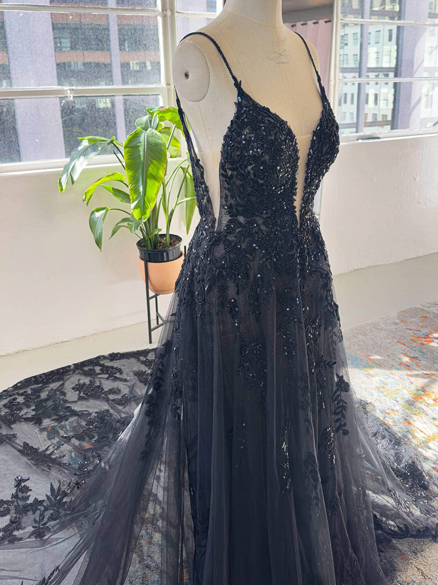 A-line V-neck Appliques Lace Cathedral Train Tulle Corset Wedding Dress