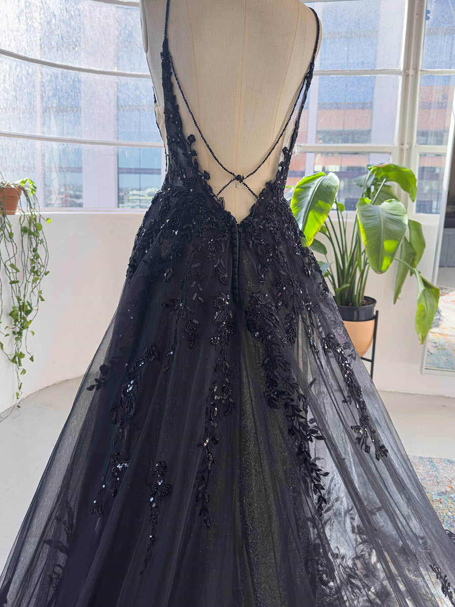 A-line V-neck Appliques Lace Cathedral Train Tulle Corset Wedding Dress