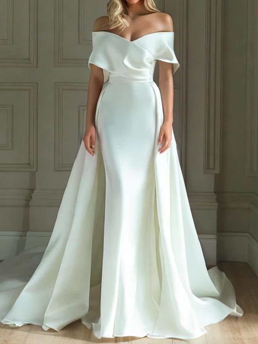 Sheath Off-the-Shoulder Pleated Chapel Train Satin Corset Wedding Dress
