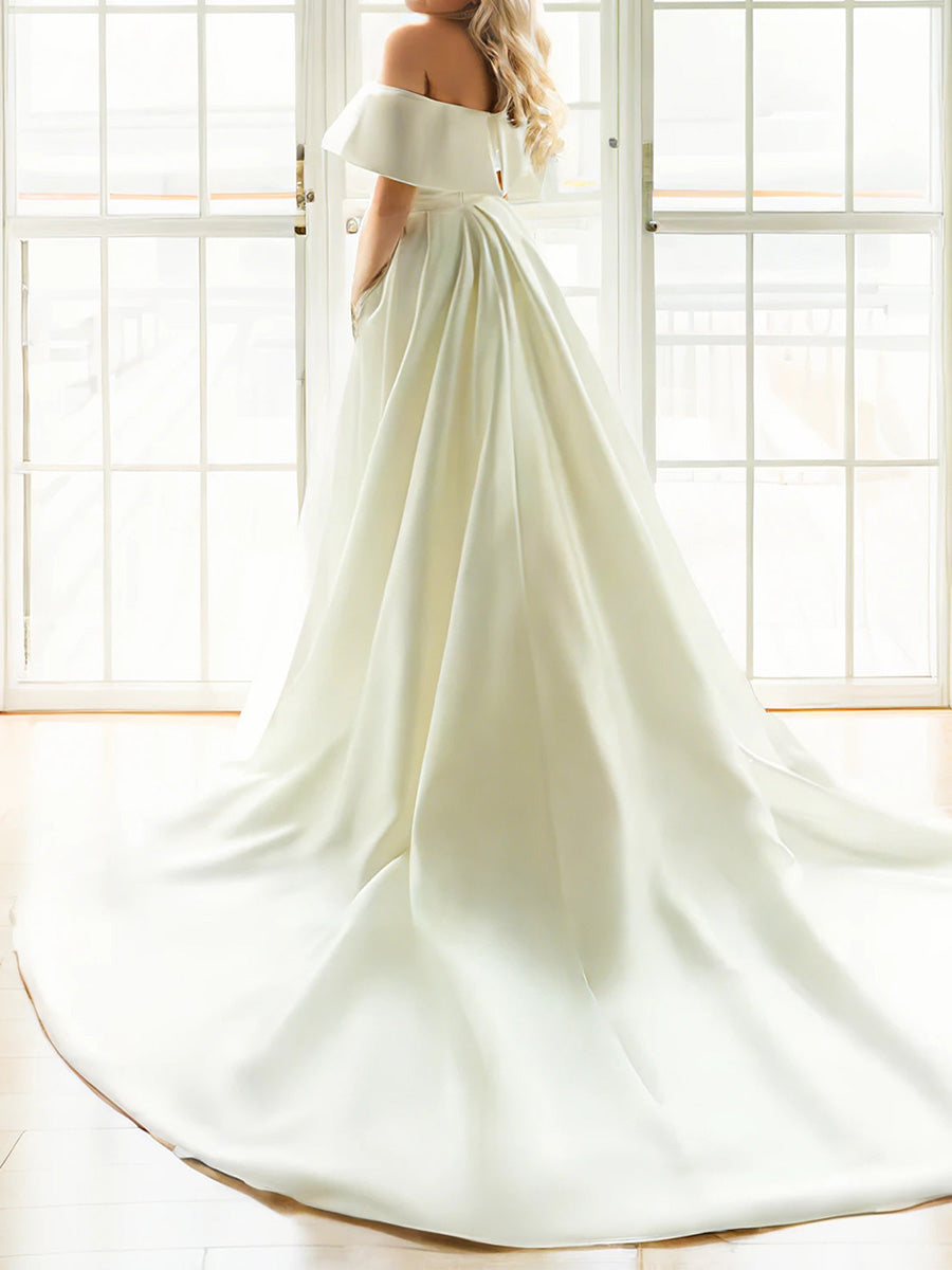 Sheath Off-the-Shoulder Pleated Chapel Train Satin Corset Wedding Dress
