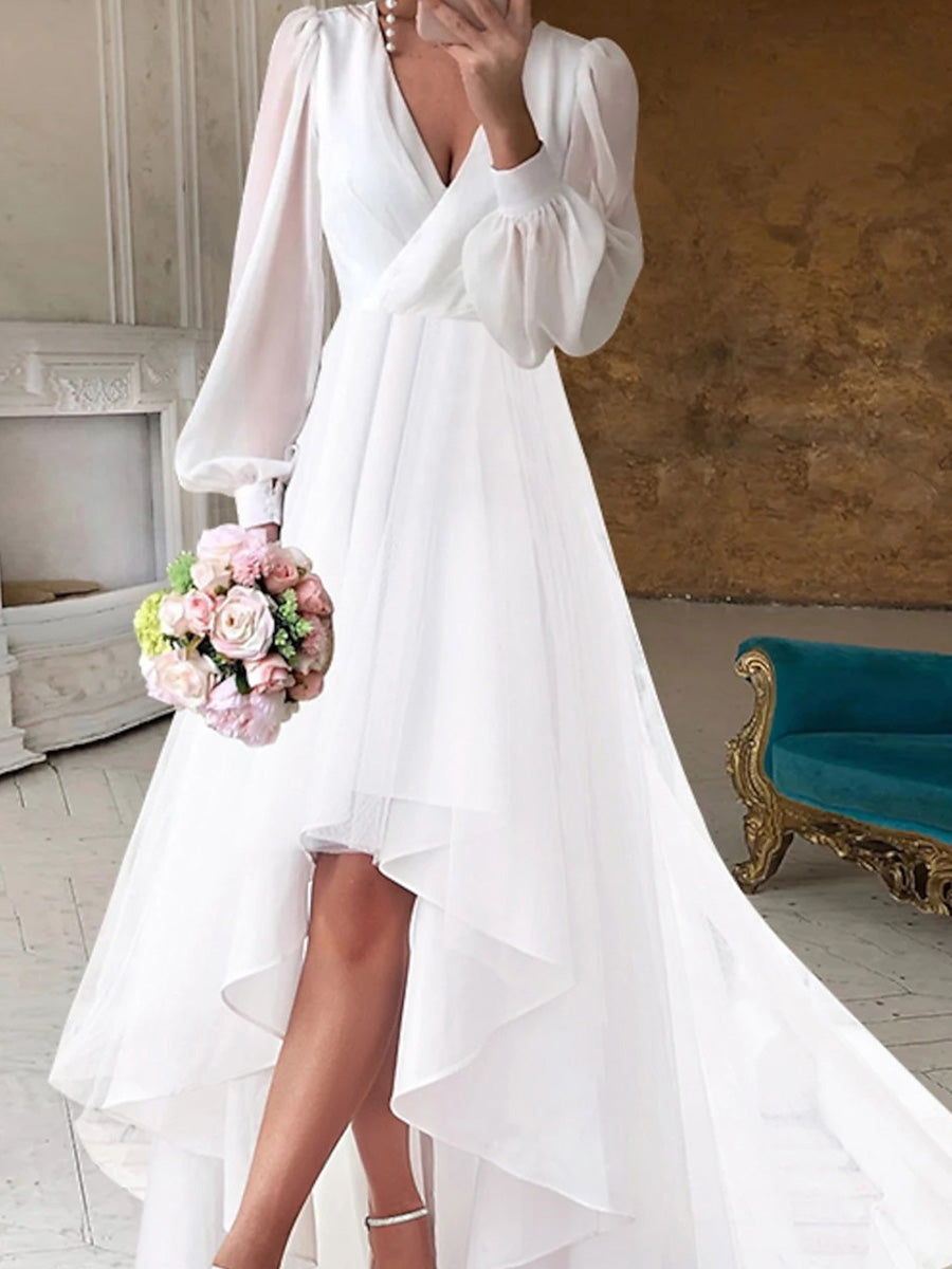 A-line V-neck Long Sleeves Pleated Asymmetrical 30D Chiffon Wedding Dress