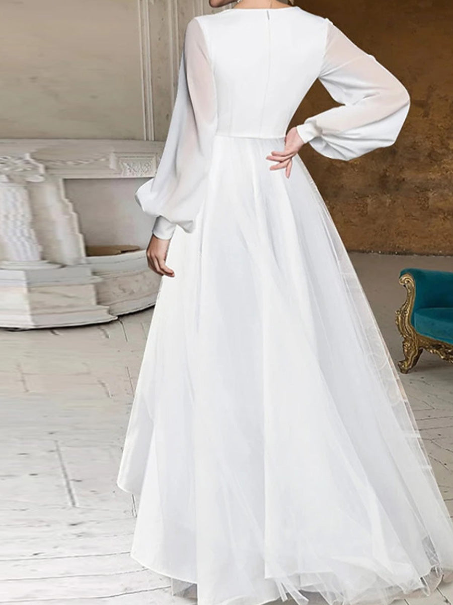 A-line V-neck Long Sleeves Pleated Asymmetrical 30D Chiffon Wedding Dress