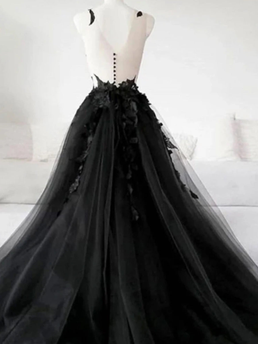 A-line Spaghetti Straps Appliques Lace Court Train Tulle Corset Wedding Dress