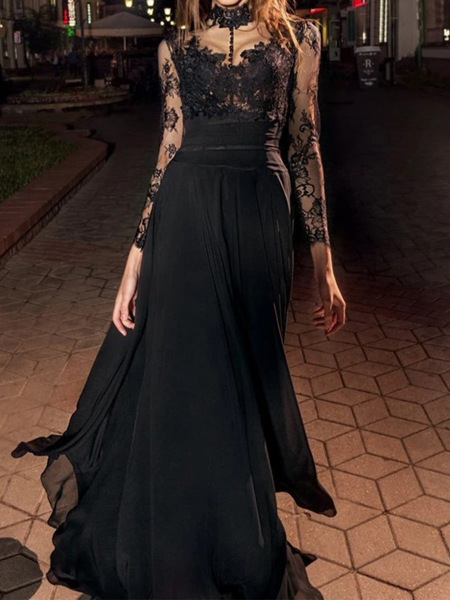 A-line High Neck Long Sleeves Appliques Lace Floor-Length 30D Chiffon Wedding Dress