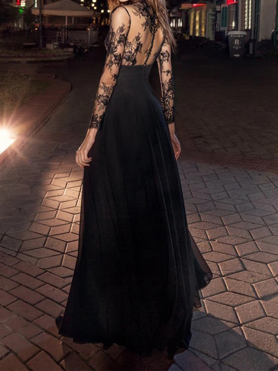A-line High Neck Long Sleeves Appliques Lace Floor-Length 30D Chiffon Wedding Dress