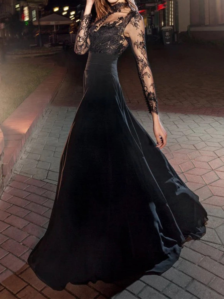 A-line High Neck Long Sleeves Appliques Lace Floor-Length 30D Chiffon Wedding Dress
