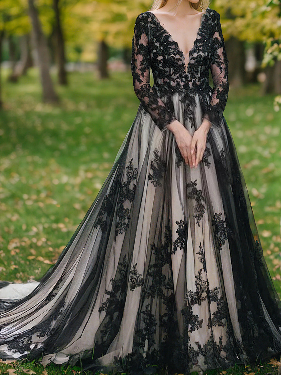 A-line V-neck Long Sleeves Lace Sweep Train Tulle Corset Wedding Dress