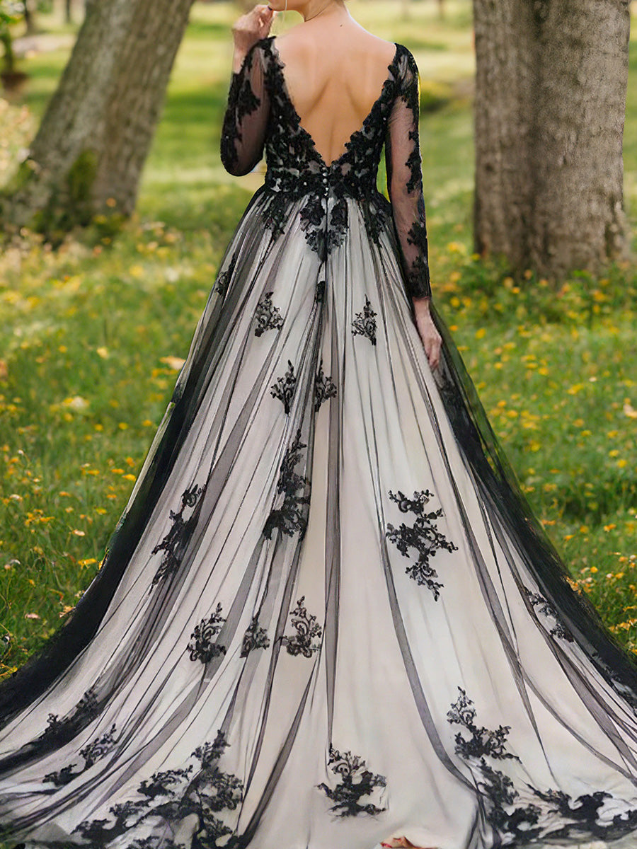 A-line V-neck Long Sleeves Lace Sweep Train Tulle Corset Wedding Dress