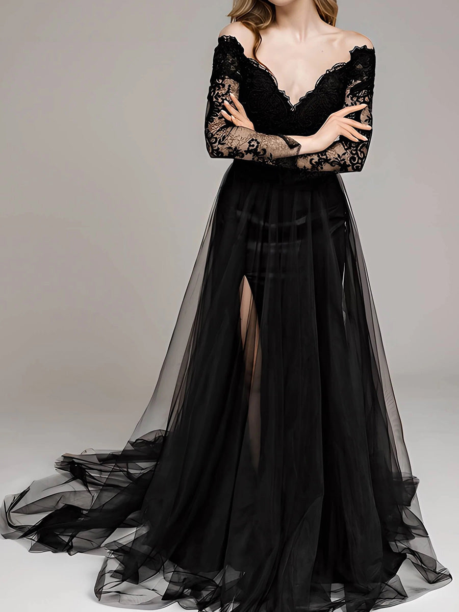 A-line V-neck Long Sleeves Lace Court Train Tulle Corset Convertible Wedding Dress