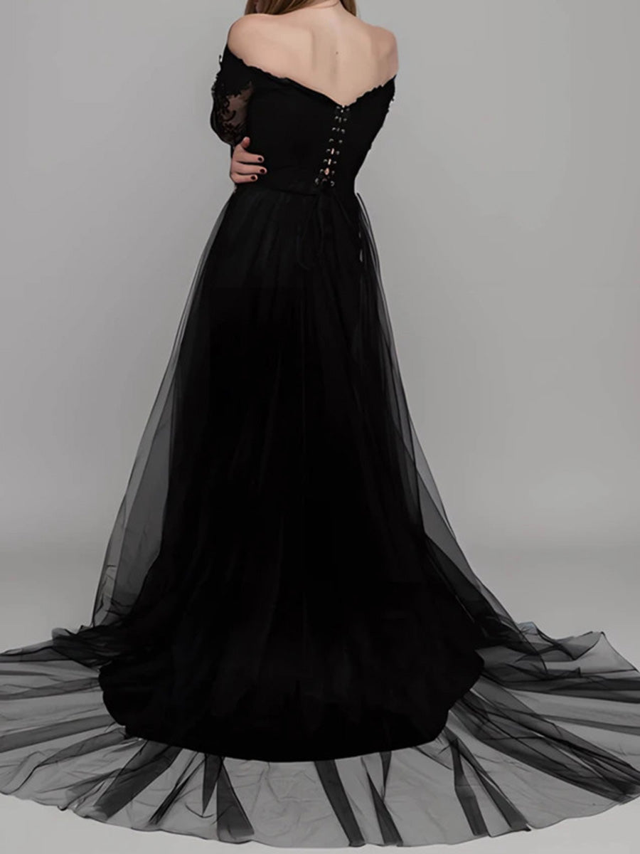 A-line V-neck Long Sleeves Lace Court Train Tulle Corset Convertible Wedding Dress