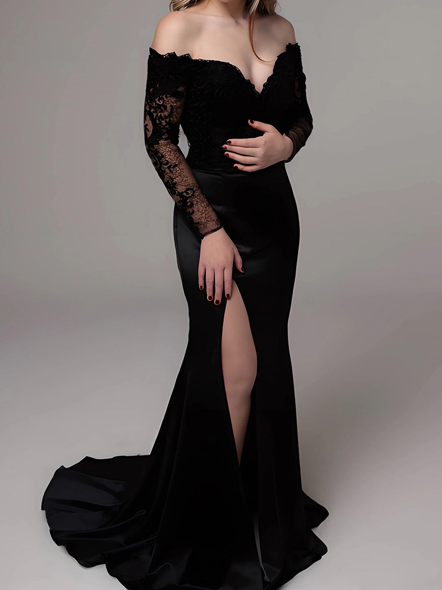 A-line V-neck Long Sleeves Lace Court Train Tulle Corset Convertible Wedding Dress