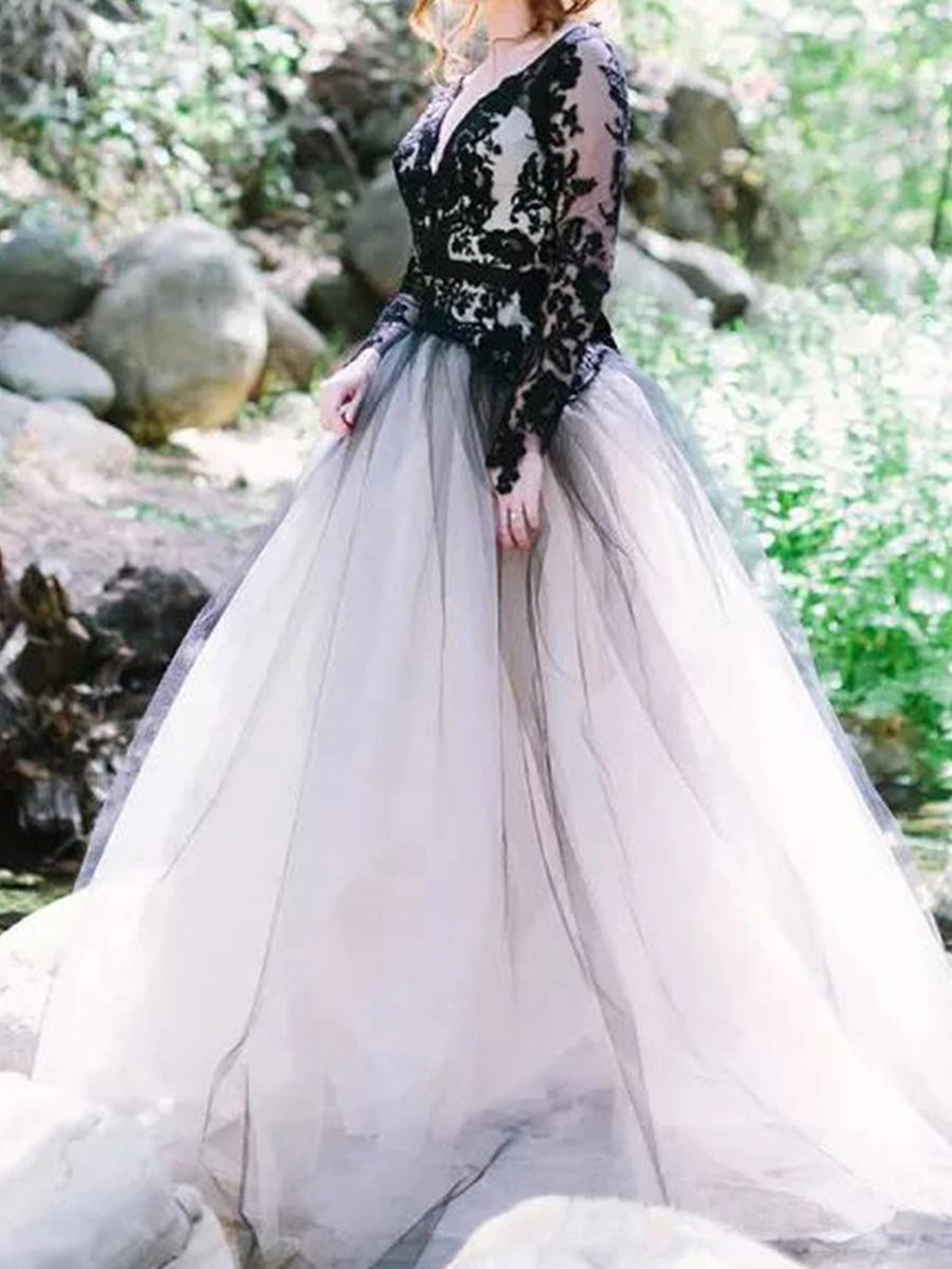 A-line V-neck Long Sleeves Lace Court Train Tulle Corset Wedding Dress