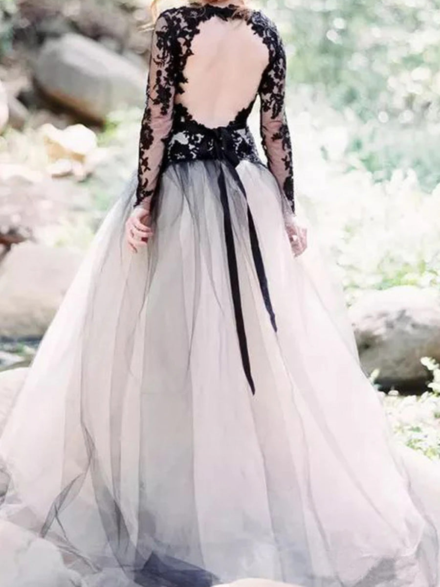 A-line V-neck Long Sleeves Lace Court Train Tulle Corset Wedding Dress