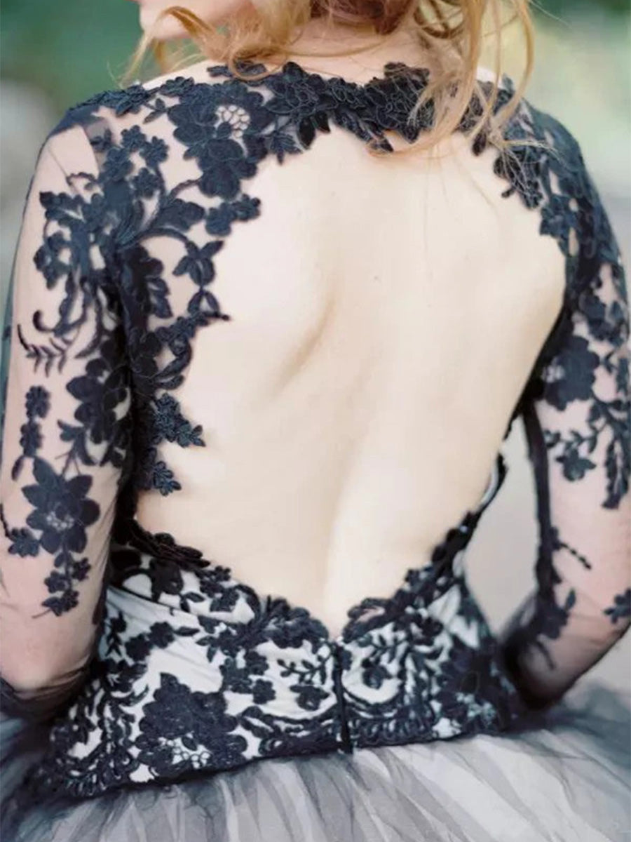 A-line V-neck Long Sleeves Lace Court Train Tulle Corset Wedding Dress