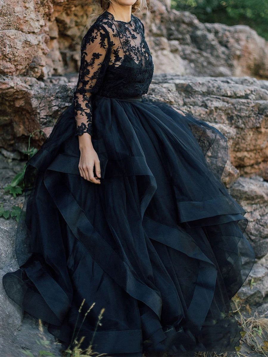 A-line Illusion Long Sleeves Lace Floor-Length Tulle Corset Wedding Dress