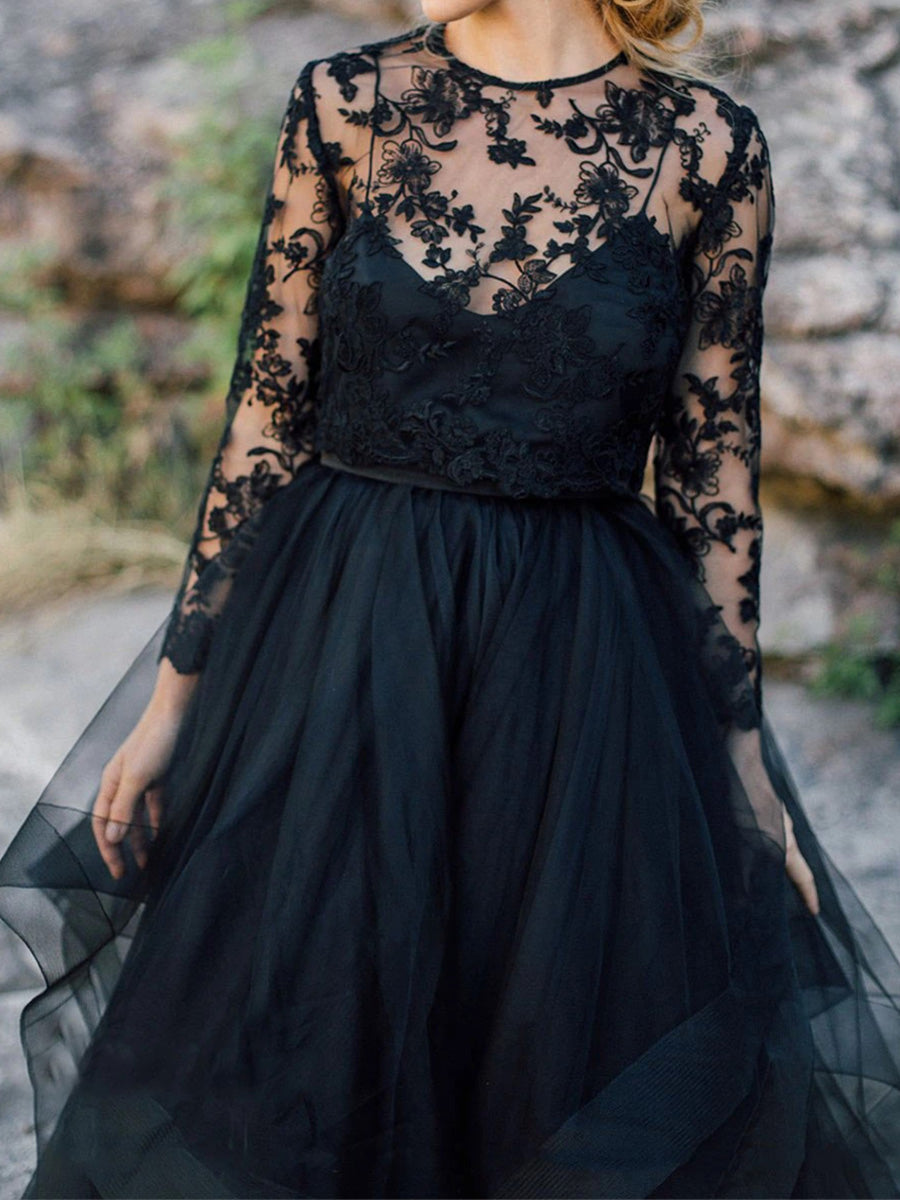 A-line Illusion Long Sleeves Lace Floor-Length Tulle Corset Wedding Dress