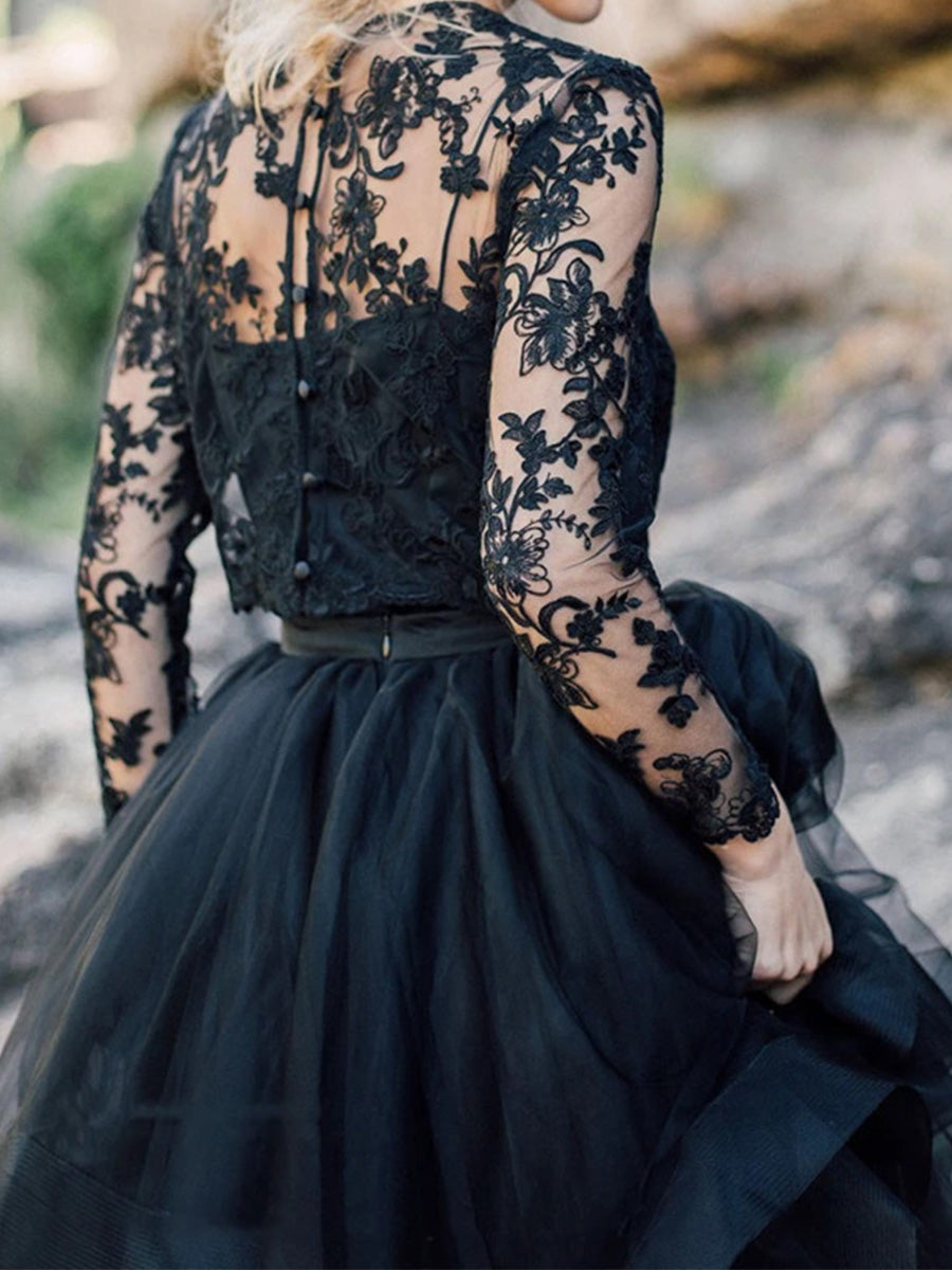 A-line Illusion Long Sleeves Lace Floor-Length Tulle Corset Wedding Dress
