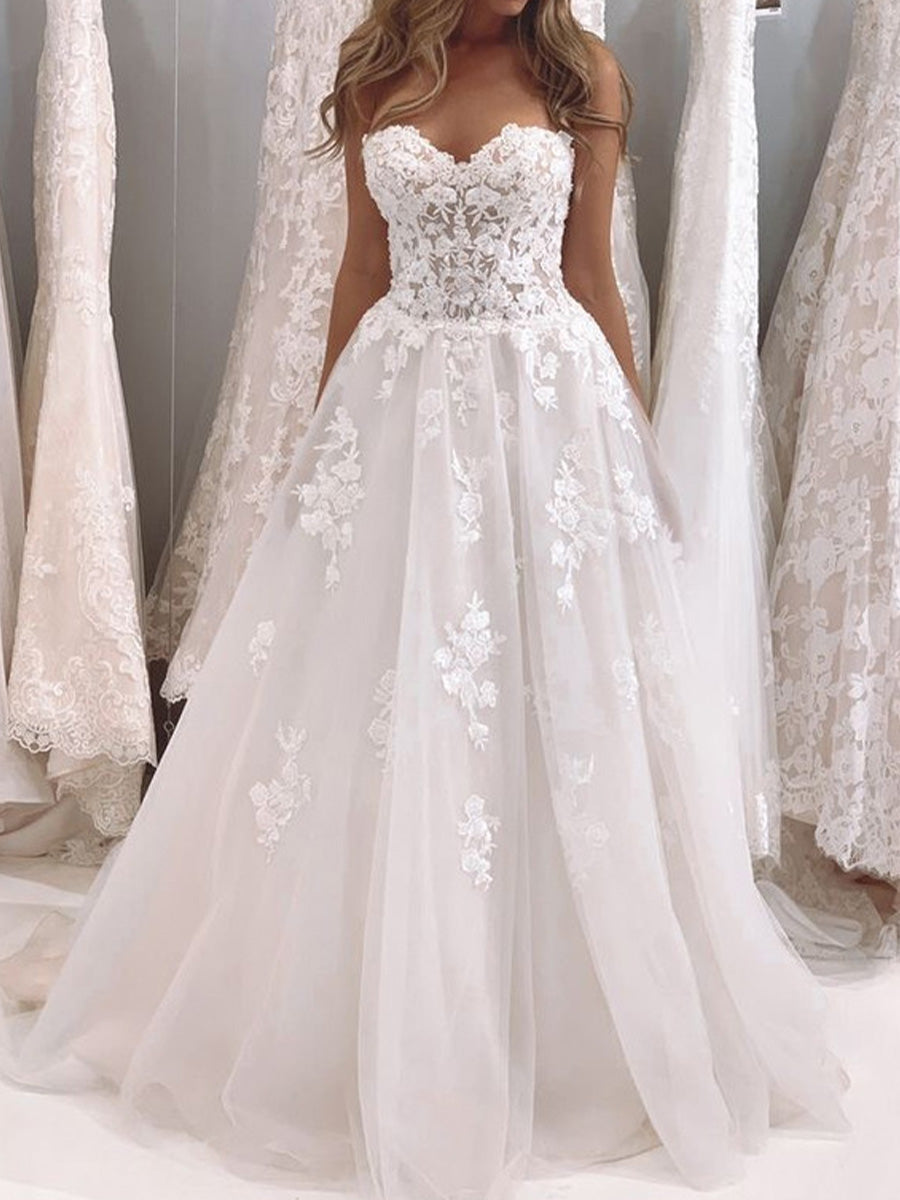 A-line Sweetheart Appliques Lace Sweep Train Tulle Corset Wedding Dress