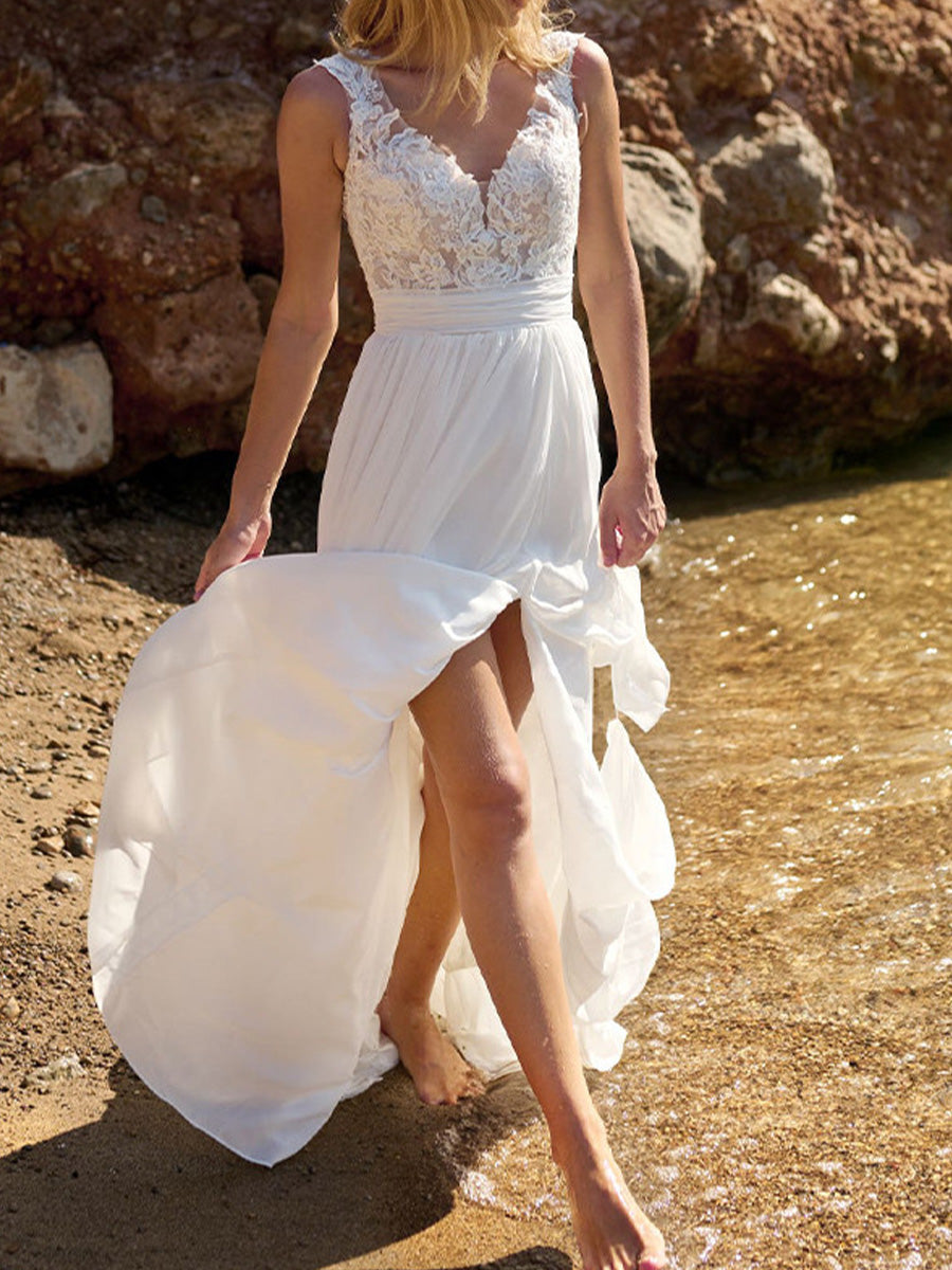 A-line V-neck Appliques Lace Sweep Train 30D Chiffon Wedding Dress