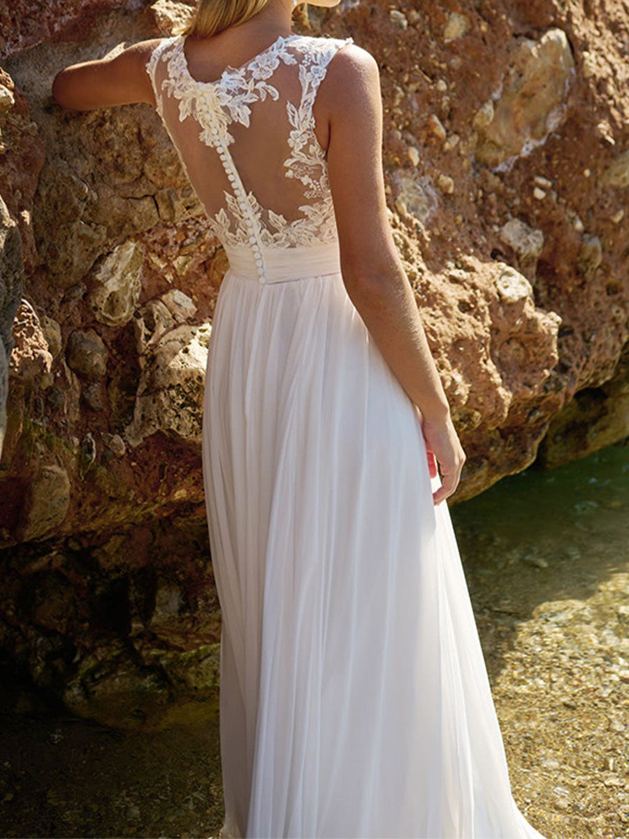 A-line V-neck Appliques Lace Sweep Train 30D Chiffon Wedding Dress