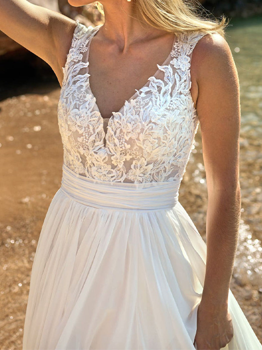 A-line V-neck Appliques Lace Sweep Train 30D Chiffon Wedding Dress
