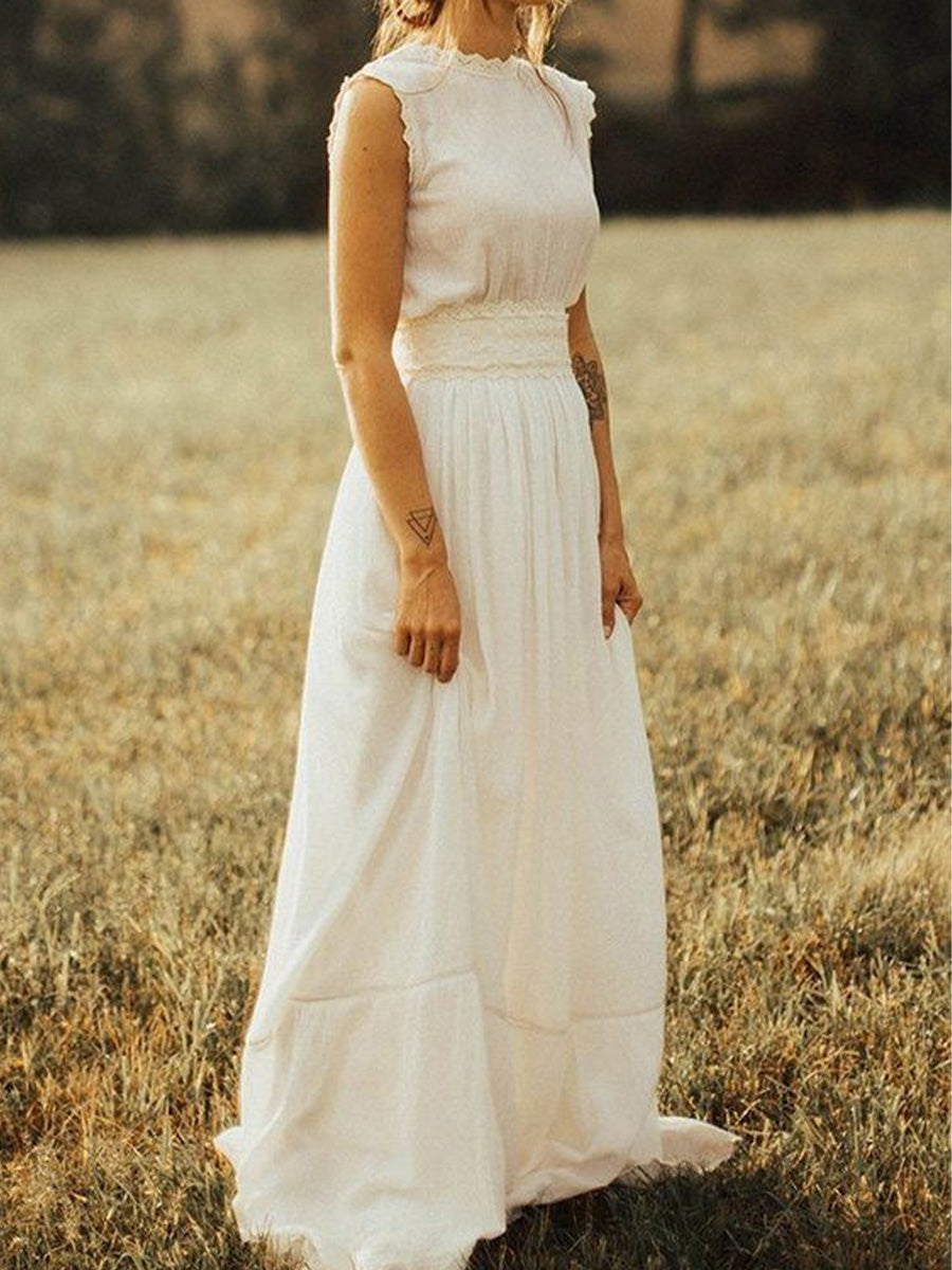 A-line Jewel Lace Sweep Train Chiffon Wedding Dress
