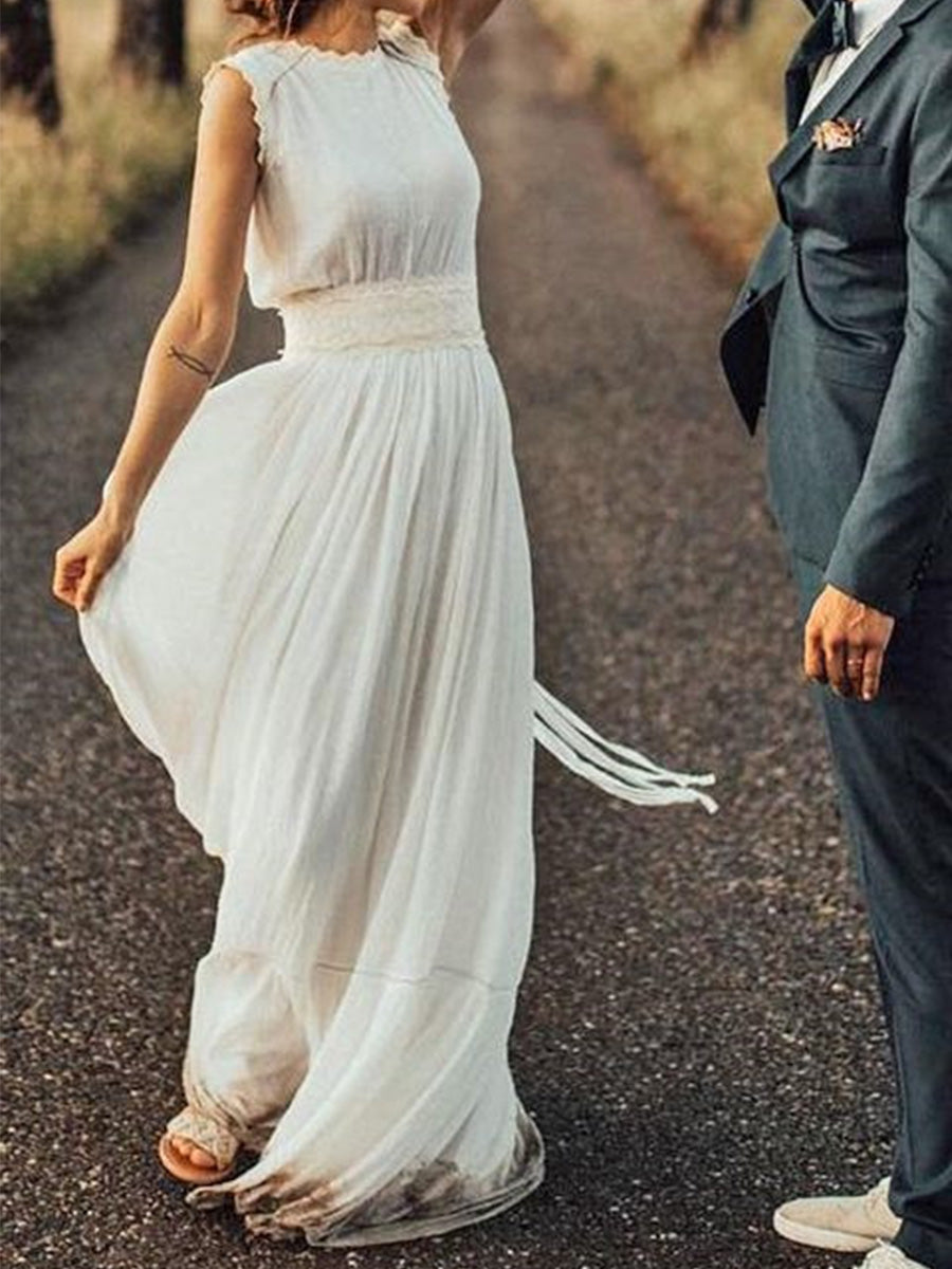 A-line Jewel Lace Sweep Train Chiffon Wedding Dress