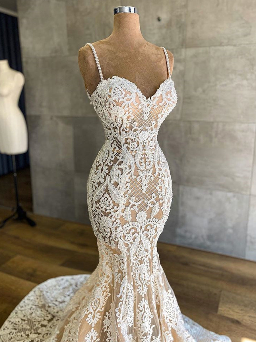 Mermaid Spaghetti Straps Appliques Lace Sweep Train Lace Corset Wedding Dress