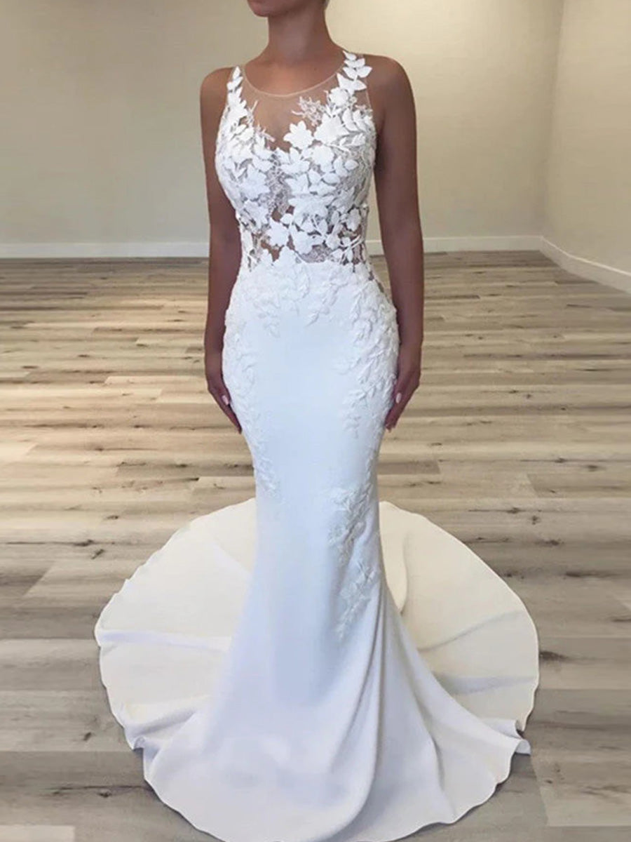 Mermaid Illusion Appliques Lace Court Train Stretch Crepe Wedding Dress