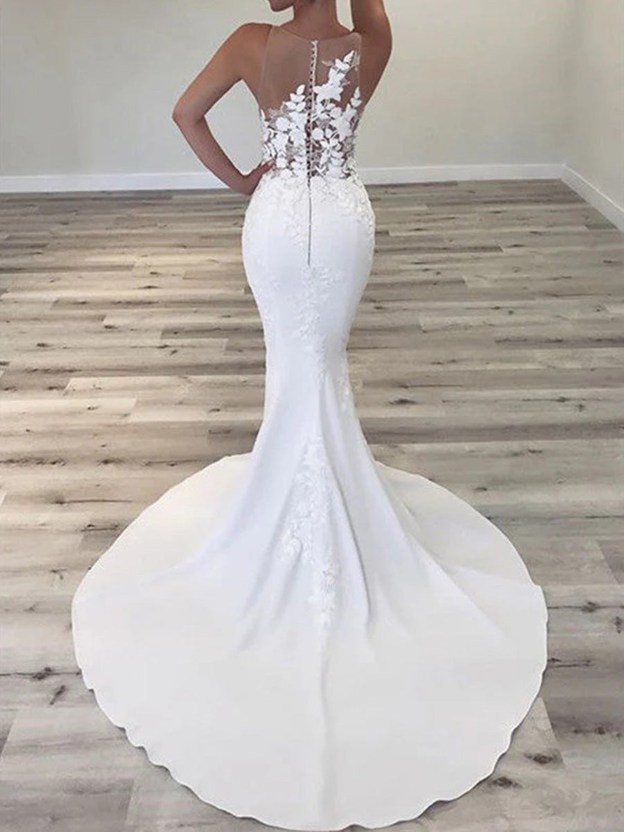 Mermaid Illusion Appliques Lace Court Train Stretch Crepe Wedding Dress