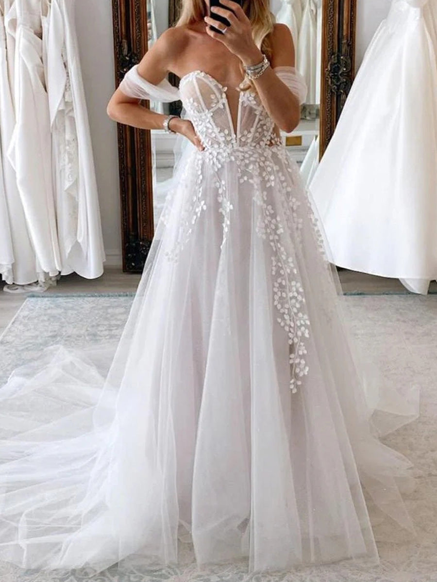 A-line Sweetheart Appliques Lace Chapel Train Tulle Corset Wedding Dress