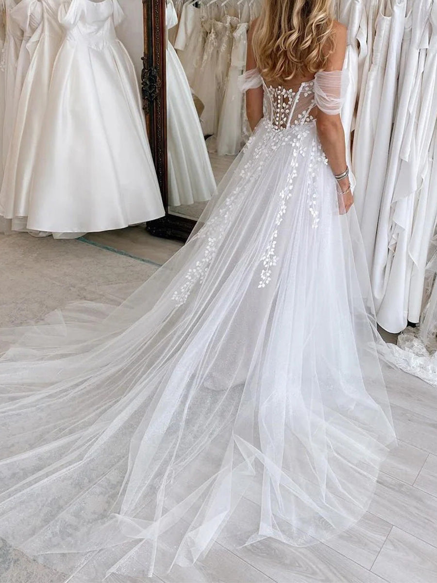 A-line Sweetheart Appliques Lace Chapel Train Tulle Corset Wedding Dress